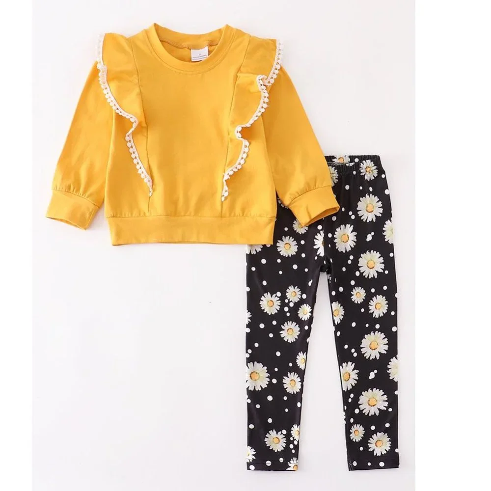 Boutique Girls Long Ruffle Sleeve Shirt & Daisy Floral Leggings Outfit Set